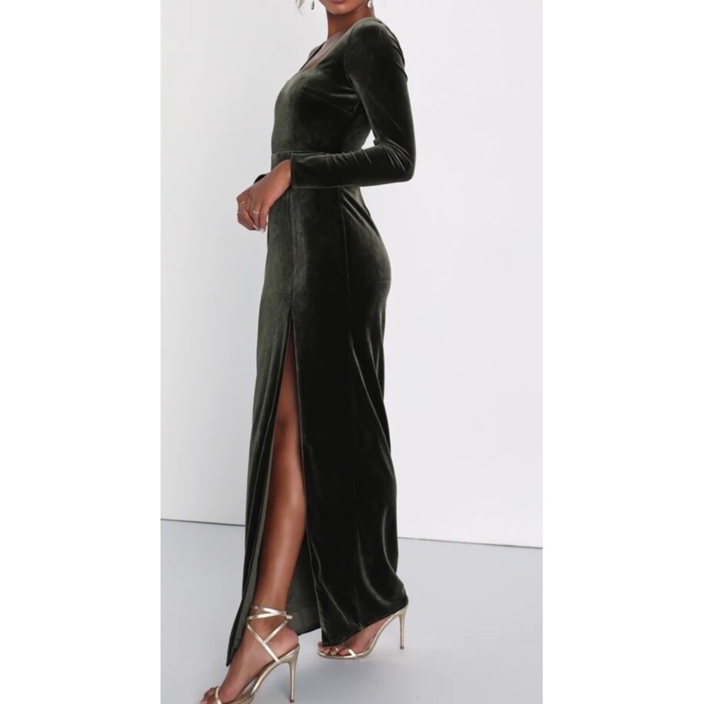 NWT Lulus Lush Adventures Olive‎ Green Velvet Long Sleeve Maxi Dress M - Picture 2 of 10